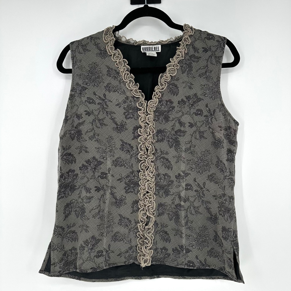 VTG Robbie Bee Black Floral 100% Silk Jacquard Print Sleeveless Ruffle Blouse 10